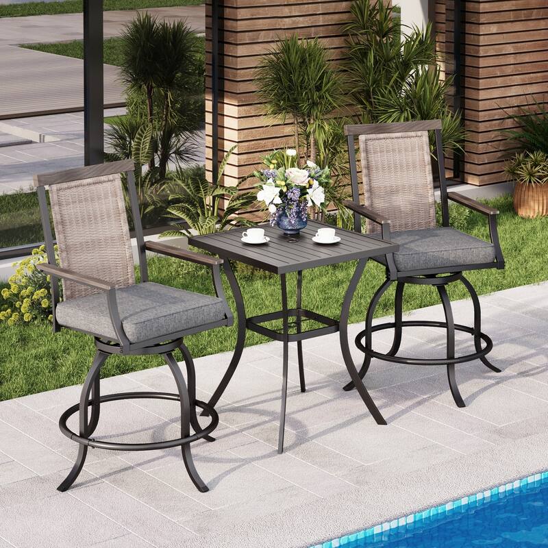 MAISON ARTS Modern Metal Patio Bar Set with Cushioned Swivel Stools - 3-piece - Grey