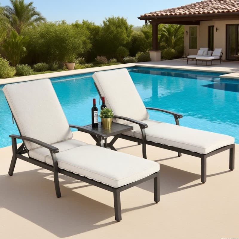3-Piece Outdoor Cast Aluminum Chaise Lounge Chair Set with Side Table - Beige