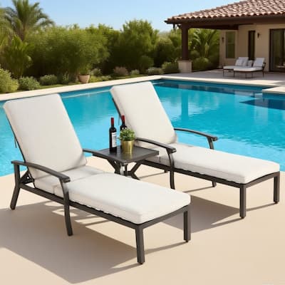 3-Piece Outdoor Cast Aluminum Chaise Lounge Chair Set with Side Table
