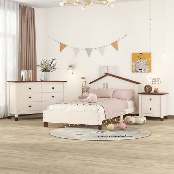 slide 2 of 51, 3-Pieces Bedroom Sets Platform Bed with Nightstand and Storage Dresser, Kids Bed with House-shaped Headboard Cream/ Brown - Twin