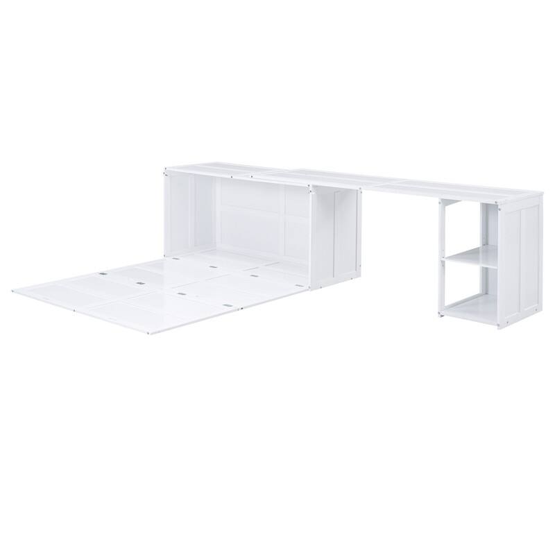 Queen Size Mobile Murphy Cube Cabinet Bed with Rotable Desk, Solid Wood Murphy Bed Chest Platform Murphy Bed for Guest Room