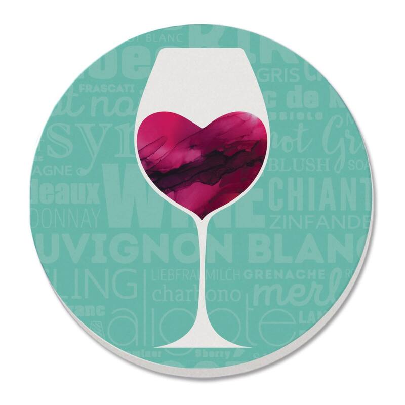 Wine Glass Heart 4 Pack Absorbent Stone Coaster with Protective Cork Backing Made in The USA 4" Round, Easily Wipes Clean - Multi