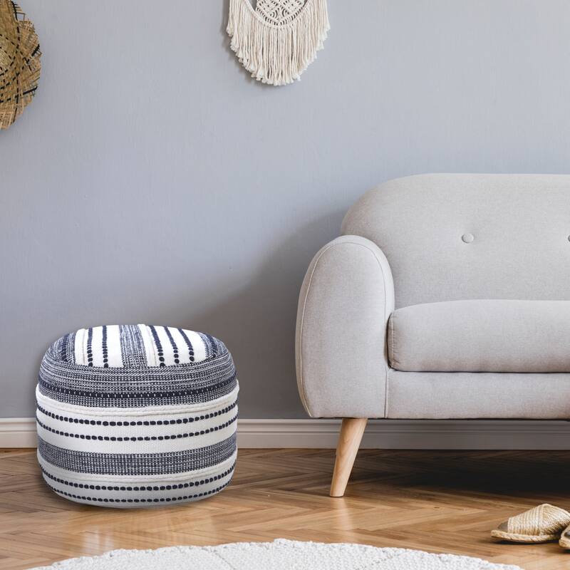 18 Inch Blue Cotton Pouf Ottoman for Living Room, Bohemian Style Seating
