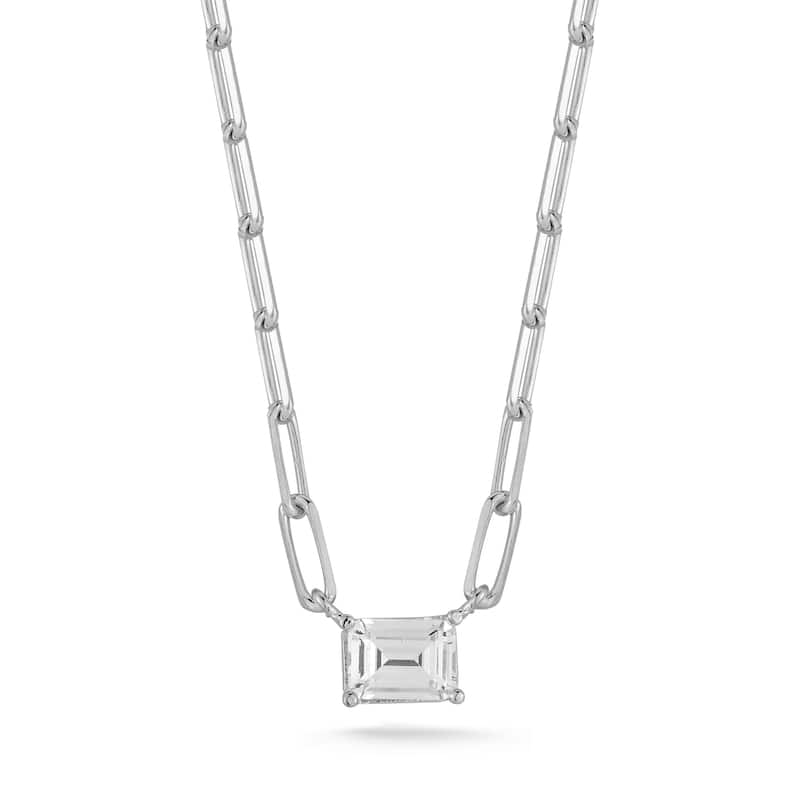 Soleil Sterling Silver Emerald Cut CZ Paperclip Chain Necklace - White