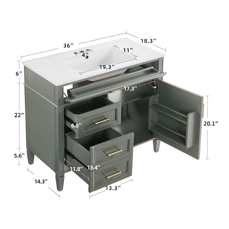 Modern 36" Freestanding Bathroom Vanity Cabinet Wood Frame with Ceramic Sink and Divided Drawers