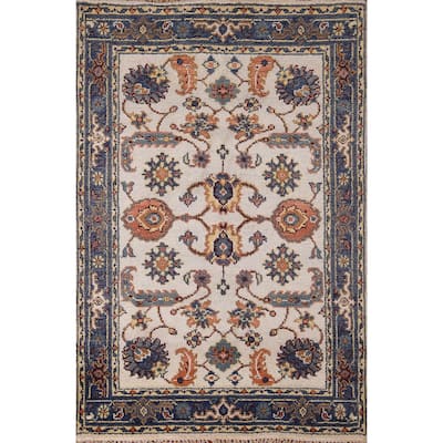 Oushak Indian Area Rug Handmade Floral Beige Wool Carpet - 4'1"x 5'11"