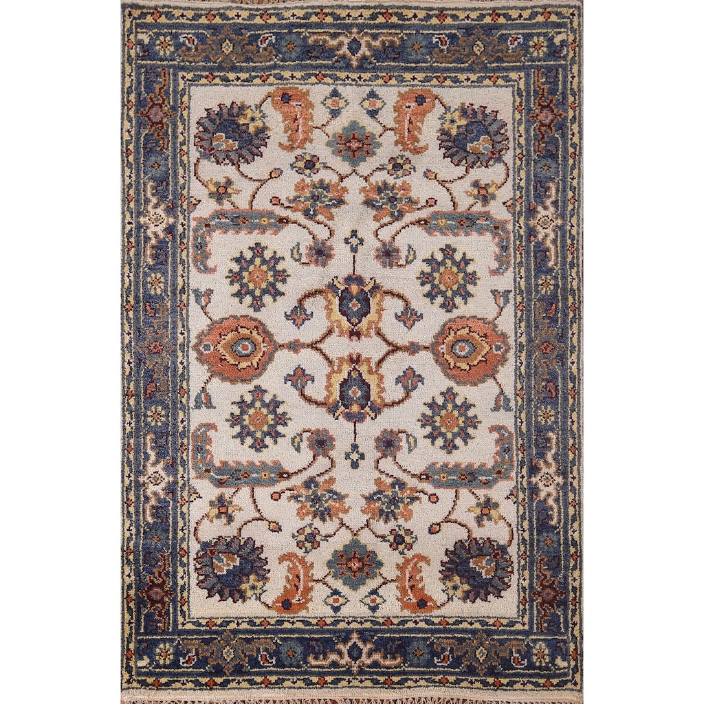 Oushak Indian Area Rug Handmade Floral Beige Wool Carpet - 4'1"x 5'11"
