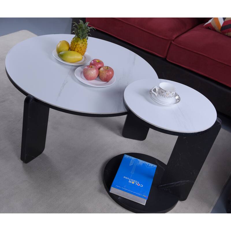 Round Nesting Coffee Table Set of 2, Sintered Stone Top Nesting Tables with Metal Frame, Modern Accent Side Table Set