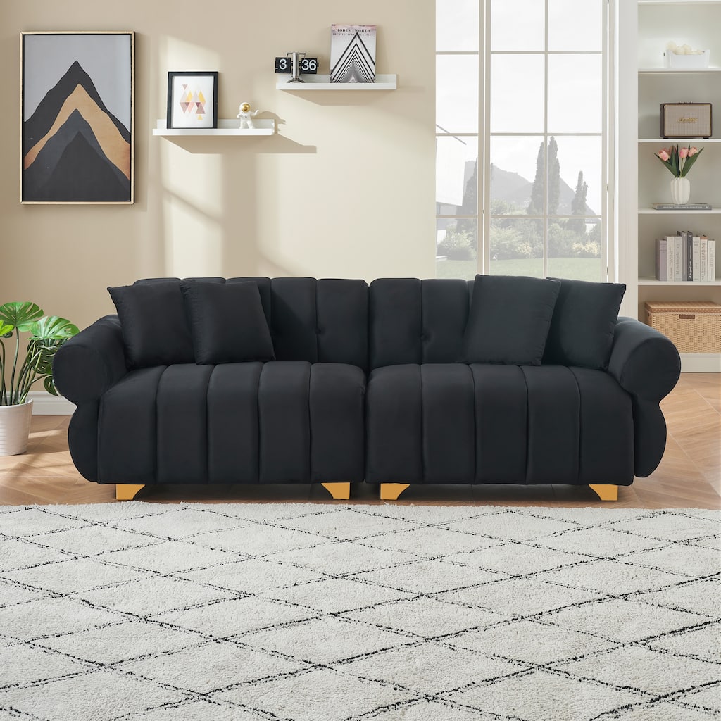 89-inch Black Velvet Sofa with Spring-wrapped Cushions and 4 Throw Pillows