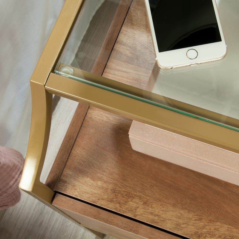 Engineered Wood Contemporary Night Stand with Upper Glass Shelf, Brown