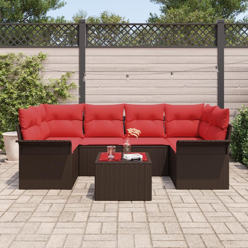 vidaXL 7-Seater Garden Sofa with Cushions Black/Brown/Grey Poly Rattan - 52.2 x 92.1 x 27.2