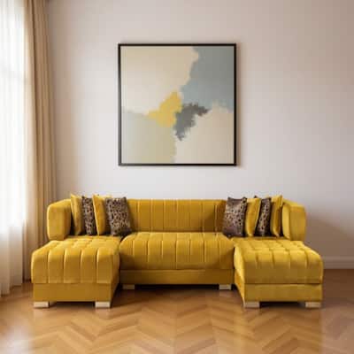 HomeRoots Mustard Velvet U Shaped Three Piece Sofa and Chaise Sectional With Toss Pillows