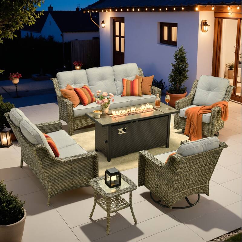 OVIOS 6-piece Patio Wicker Swivel Rocking Chair Set With Fire Pit - Light Grey