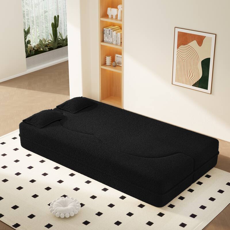 Convertible Floor Sofa with Teddy Fabric, Twin Mattress & No Assembly
