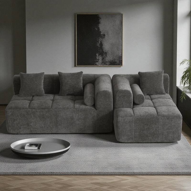 101.2" Modular Sectional Sofa Full-Foam Compressed Couch with Deep Seating Side Pockets Square & Bolster Pillows