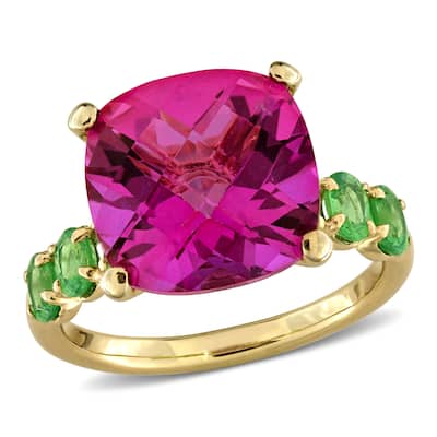 Miadora 9ct TGW Pink Topaz and Tsavorite Ring in Yellow Plated Sterling Silver