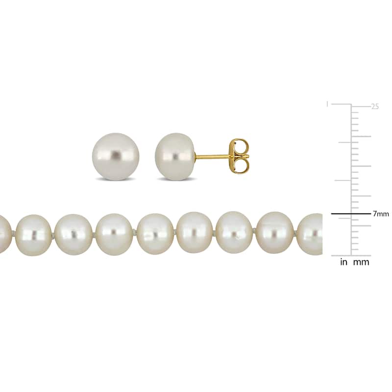 Miadora 7.5-8mm Cultured Freshwater Pearl Necklace Stud Earrings 10K Yellow Gold - 16 in