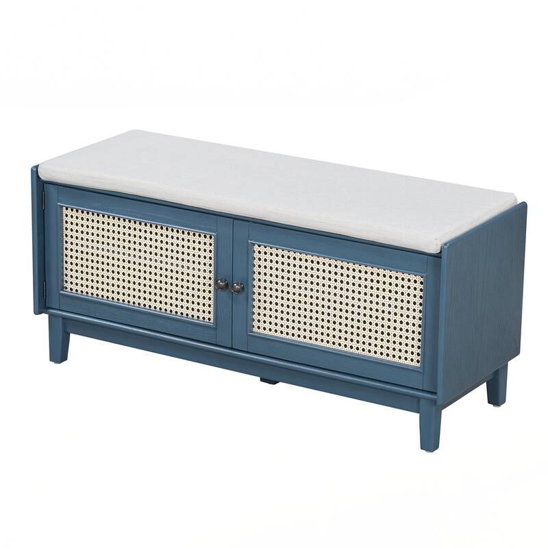 Rattan Entryway Bench with Storage, Cushioned Shoe Bench with Double Doors