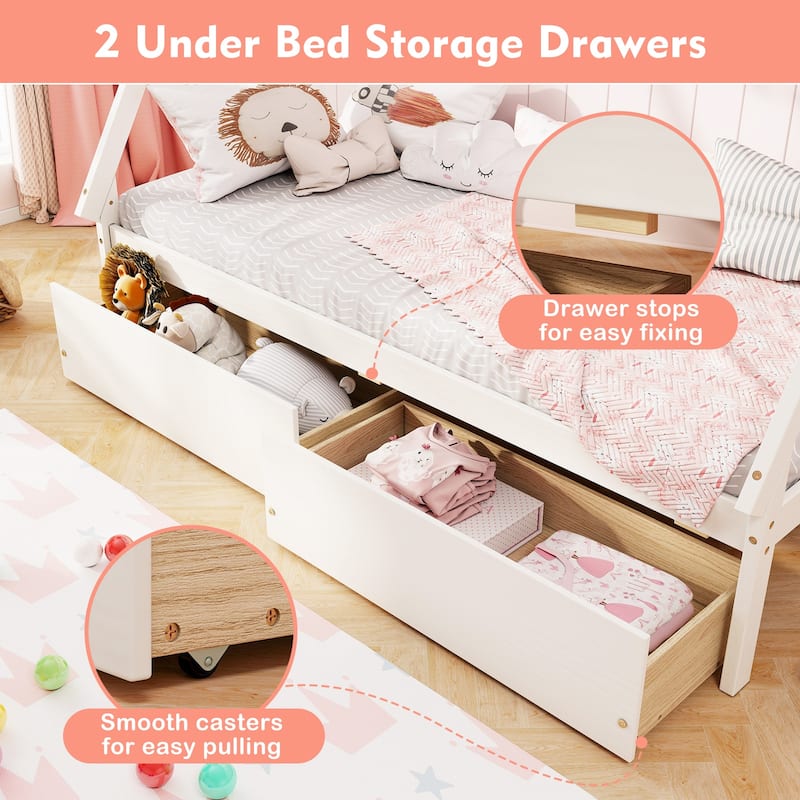 Kids Twin Size Wooden House-Shaped Platform Bed with Storage Drawers for Boys and Girls
