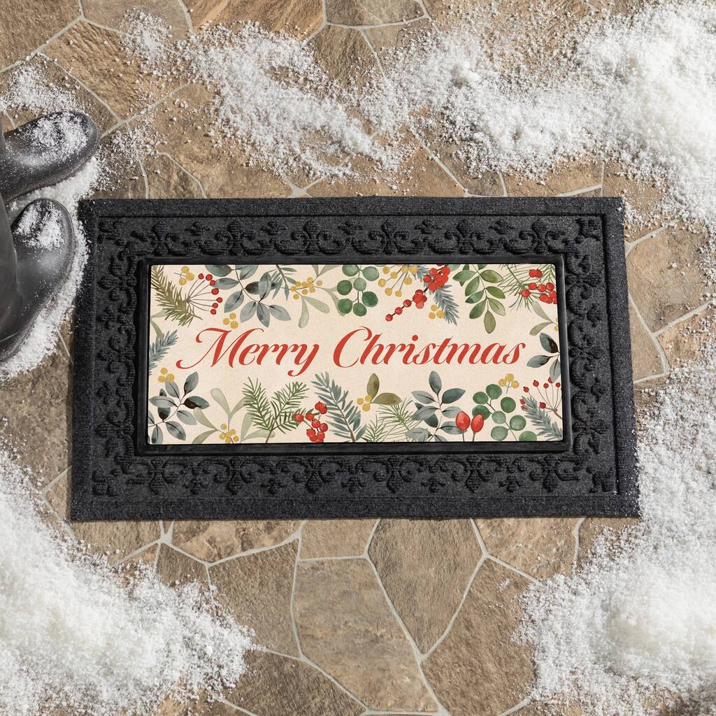 Festive Foliage Flocked Sassafras Mat - "Merry Christmas" - 22" x 10"