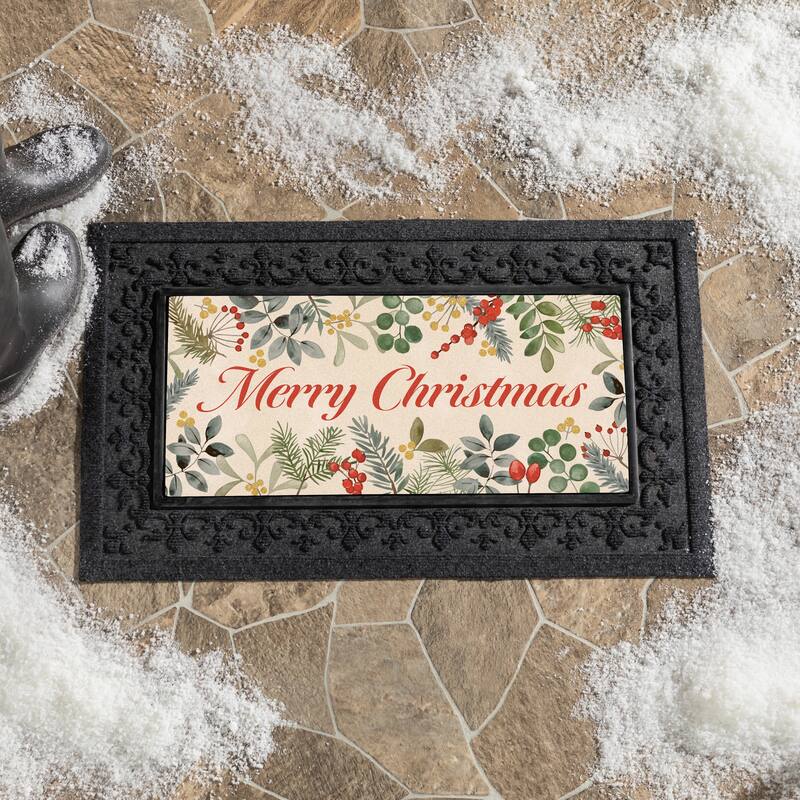 Festive Foliage Flocked Sassafras Mat - "Merry Christmas" - 22" x 10"