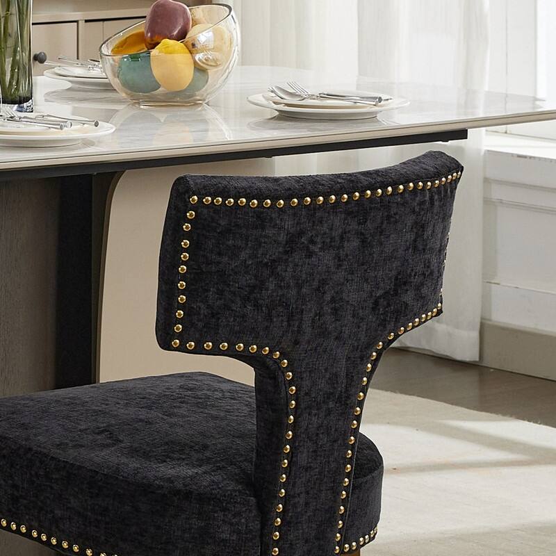Dining Chairs Set of 2, Farmhouse Chenille Fabric Upholstered Accent Chair Curved Backrest with Copper Nails around