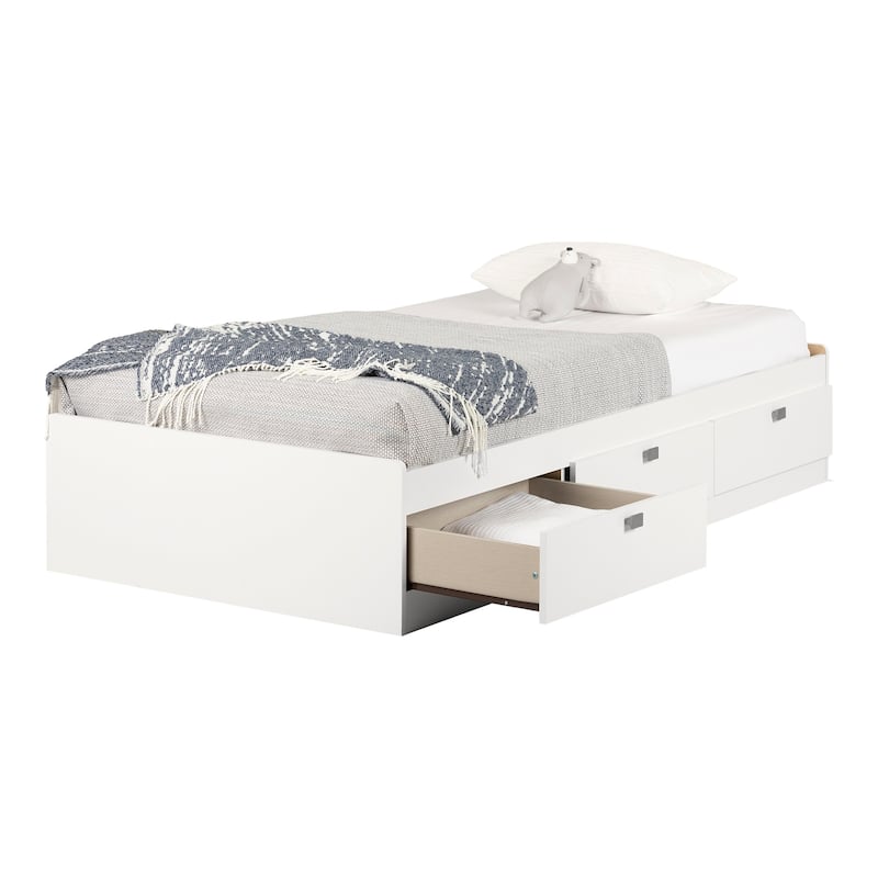 Modern Twin Bed with Drawers - Minimalism Style Platform Bed, White Finish, 39 Inch, Engineered Wood