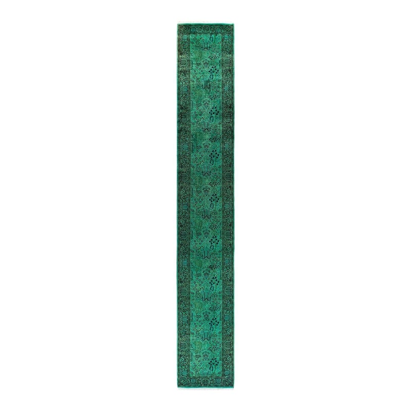 Overton Hand Knotted Wool Vintage Inspired Modern Contemporary Overdyed Green Runner Rug - 2' 6" x 17' 1"