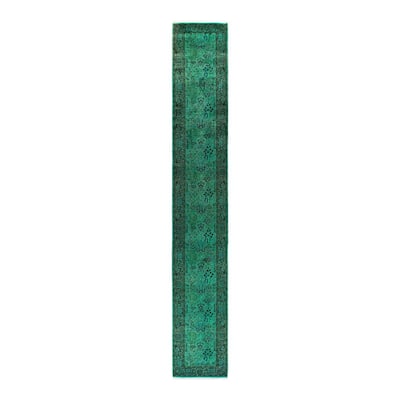 Overton Hand Knotted Wool Vintage Inspired Modern Contemporary Overdyed Green Runner Rug - 2' 6" x 17' 1"