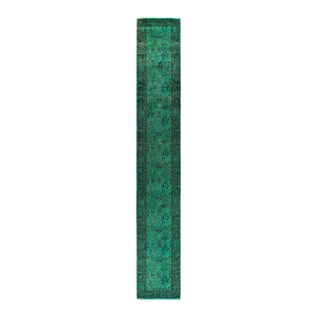 Overton Hand Knotted Wool Vintage Inspired Modern Contemporary Overdyed Green Runner Rug - 2' 6" x 17' 1"