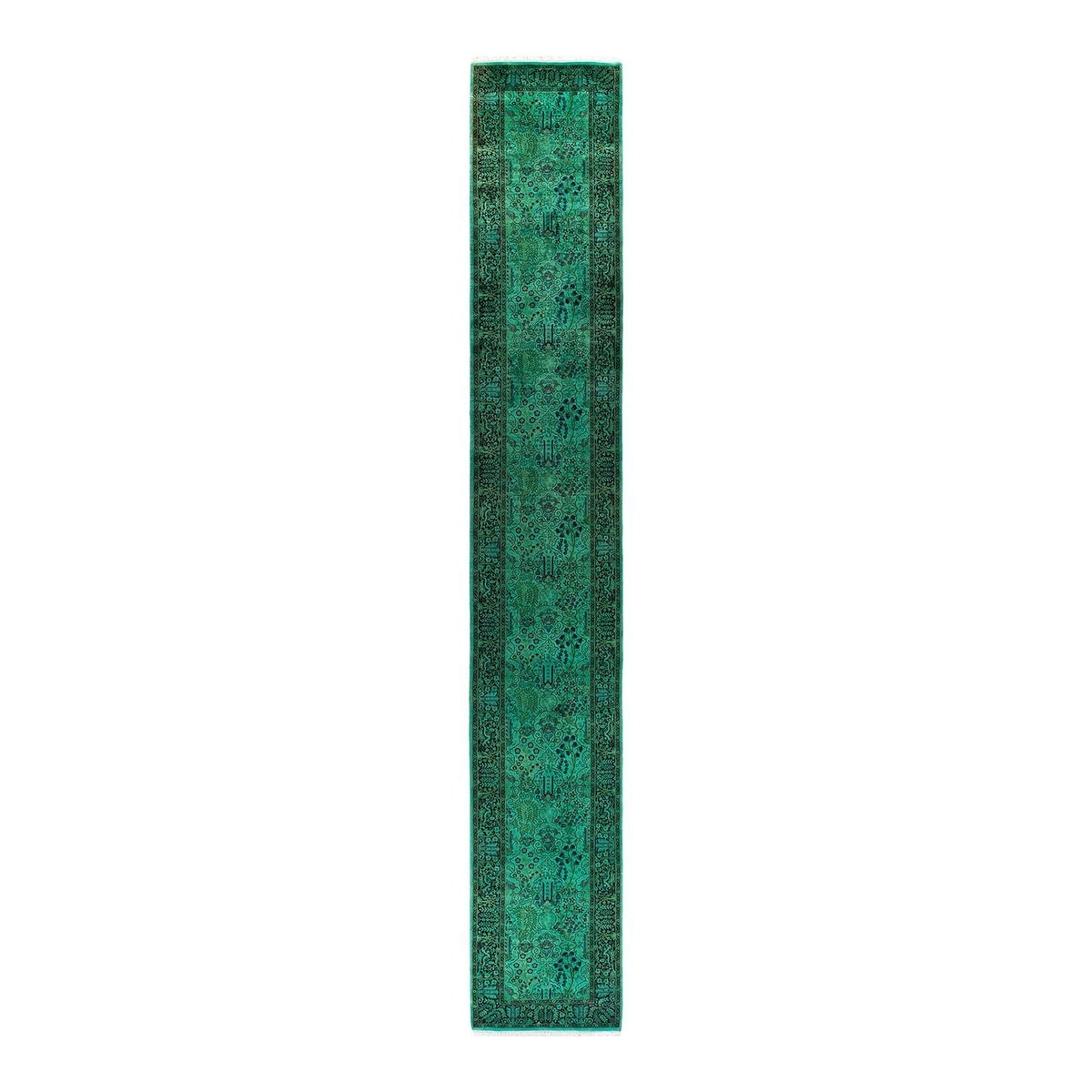 Overton Hand Knotted Wool Vintage Inspired Modern Contemporary Overdyed Green Runner Rug - 2' 6" x 17' 1"