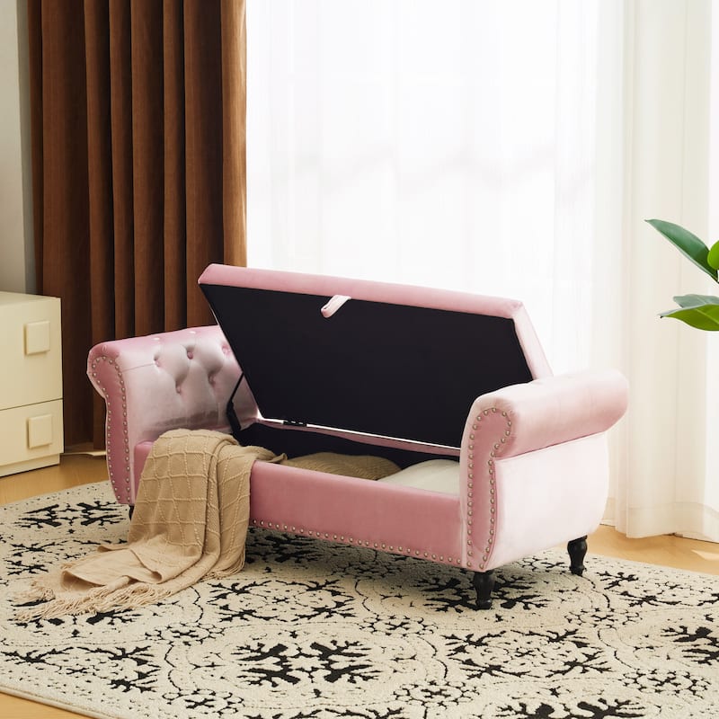 51.25" Velvet Storage Ottoman Bench with Rolled Arms and Wood Legs