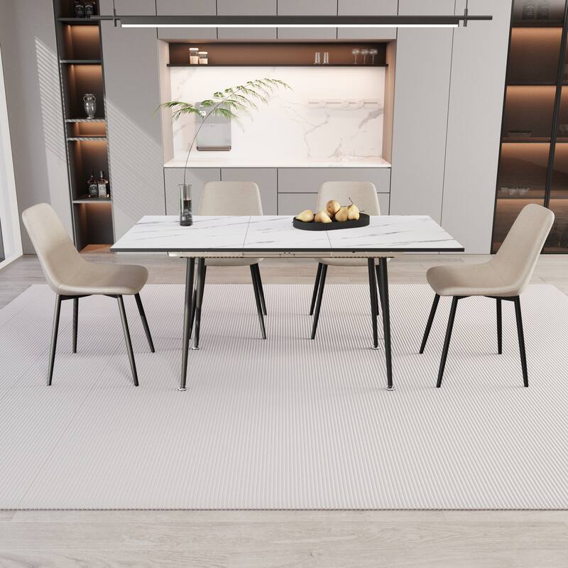 Scalable modern dining table and chair set, for 2-6 people, 4-piece set, medieval dining table set, metal base and linen chair - Beige+White