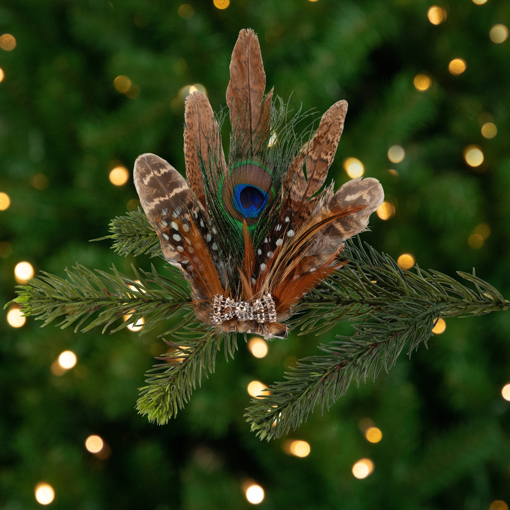 Peacock Feather Christmas Clip-On Ornament - 6" - Brown, White and Green