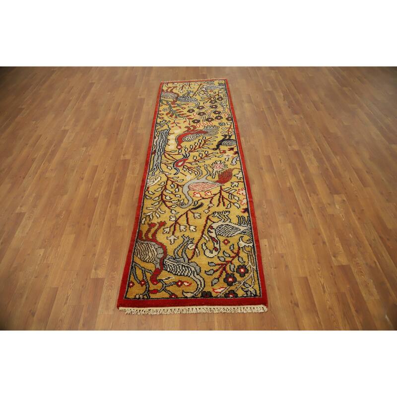 Hand Knotted Oriental 100% Wool Carpet Traditional Floral Yellow & Gold Ziegler Runner Rug - 8' 2'' X 2' 6''