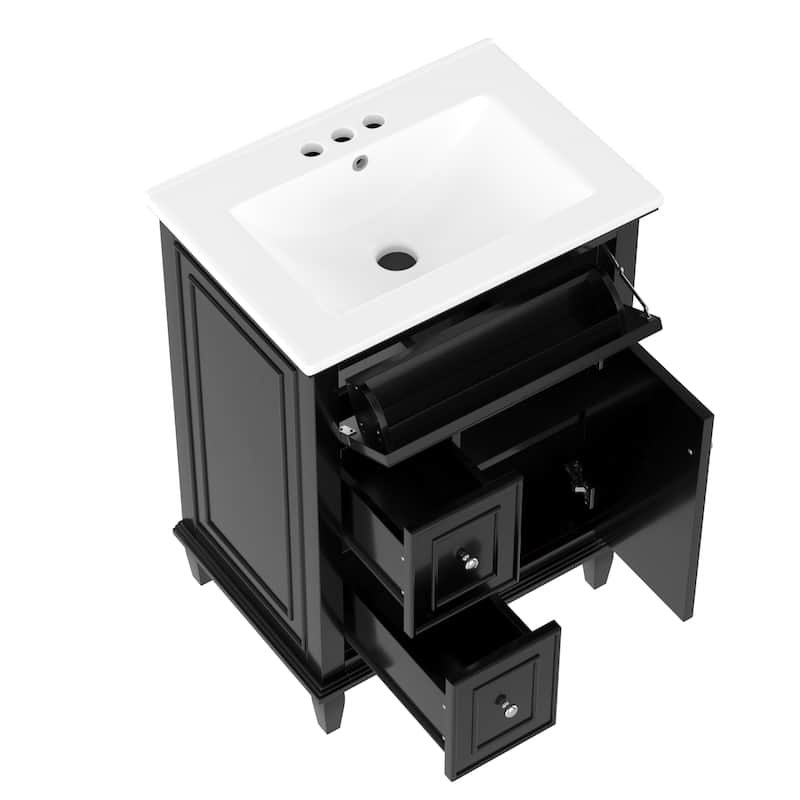 GDFStudio - Sophia 24-Inch Bathroom Vanity with Ceramic Sink, Flip Drawer and Adjustable Storage