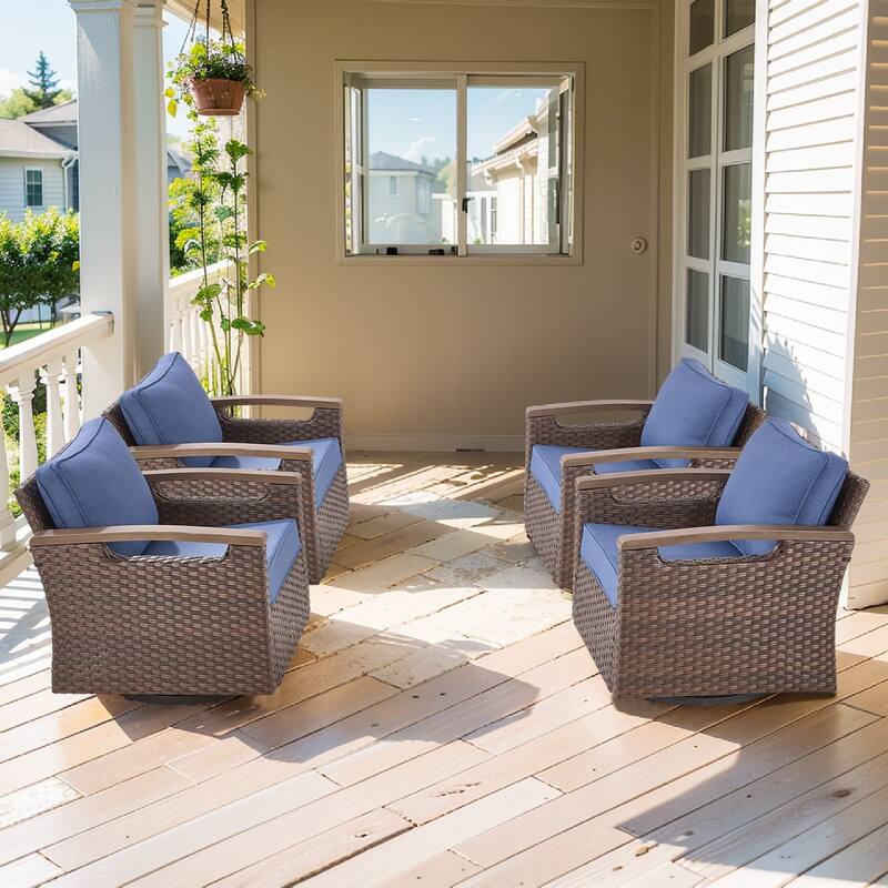 Pocassy Outdoor Brown Wicker Funitre with Cushion Set - Blue Cushion - Swivel Chairs Set of 4