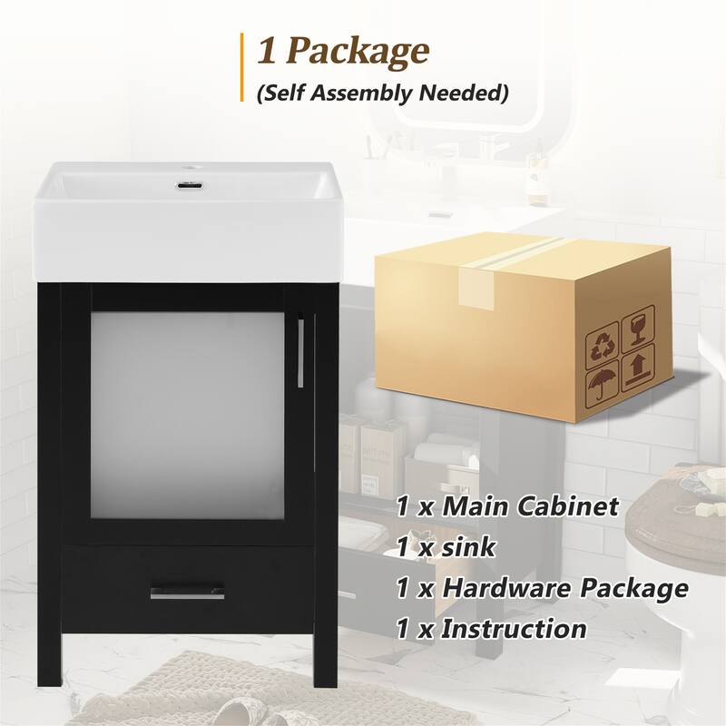 20" MDF Bathroom Vanity with Ceramic Integrated Basin, Solid Wood Legs