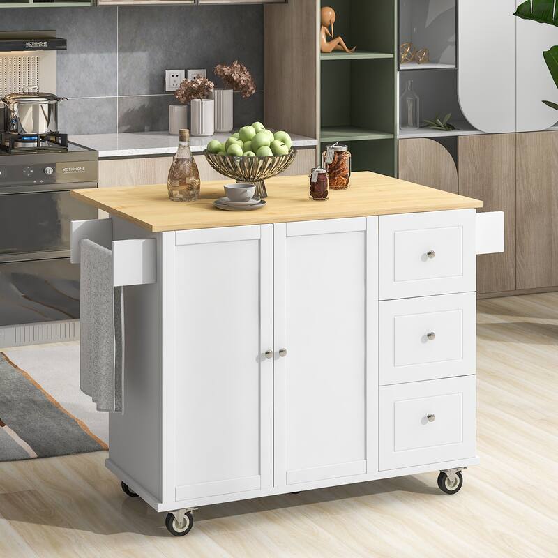 52.7" W Rolling Mobile Kitchen Island with Solid Wood Top and Locking Wheels,Storage Cabinet and Drop Leaf Breakfast Bar - White