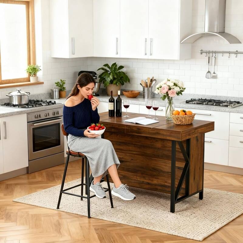55-inch Large Kitchen Island with Storage, 3-Tier Industrial Bar Table for Kitchen, Dining Room, Brown