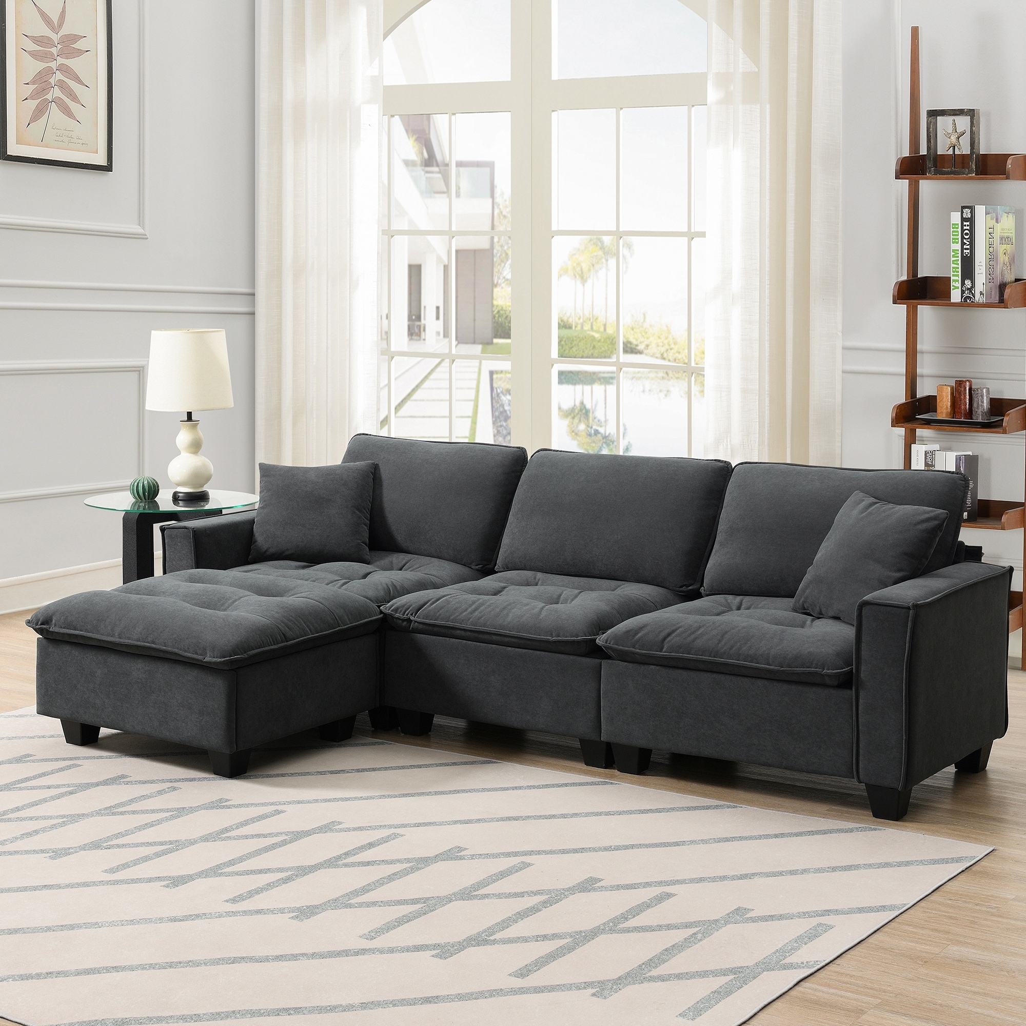 Dark Grey Suede Velvet Recliner Sofa, Tufted Piping L-shaped