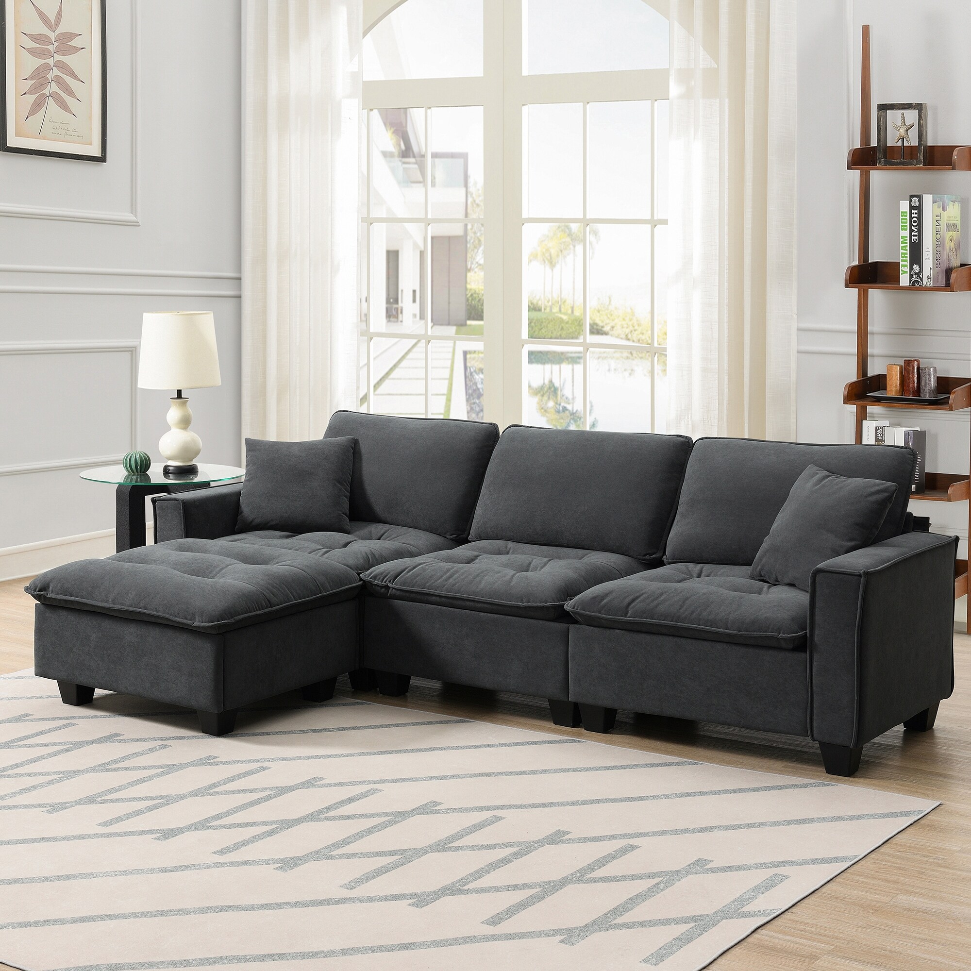 Gray Modern Convertible Sectional Sofa,L-shaped Reversible Couch Set w/  Pillows,4 Seat Suede Velvet Recliner Sofa w/ Ottoman