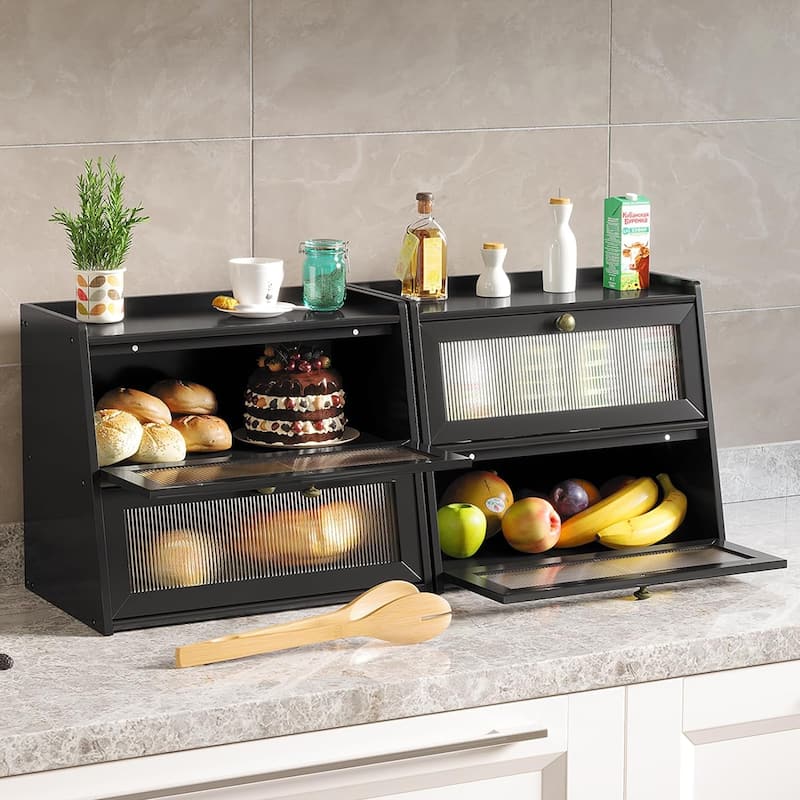 2-Layer Wooden Bread Box, Large Capacity Bread Storage Container Bin