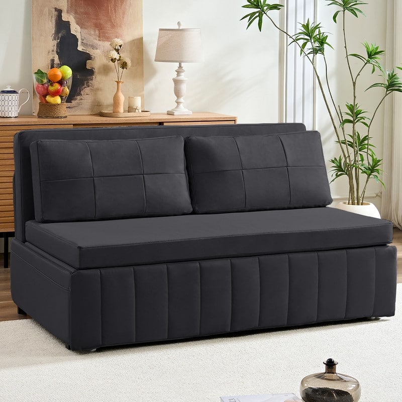 Mixoy Modern 62''Pull Out Sofa Bed,3-in-1 Pull Out Leathaire Fabric Sleeper Sofa Couch,Chaise Lounge,living room furniture