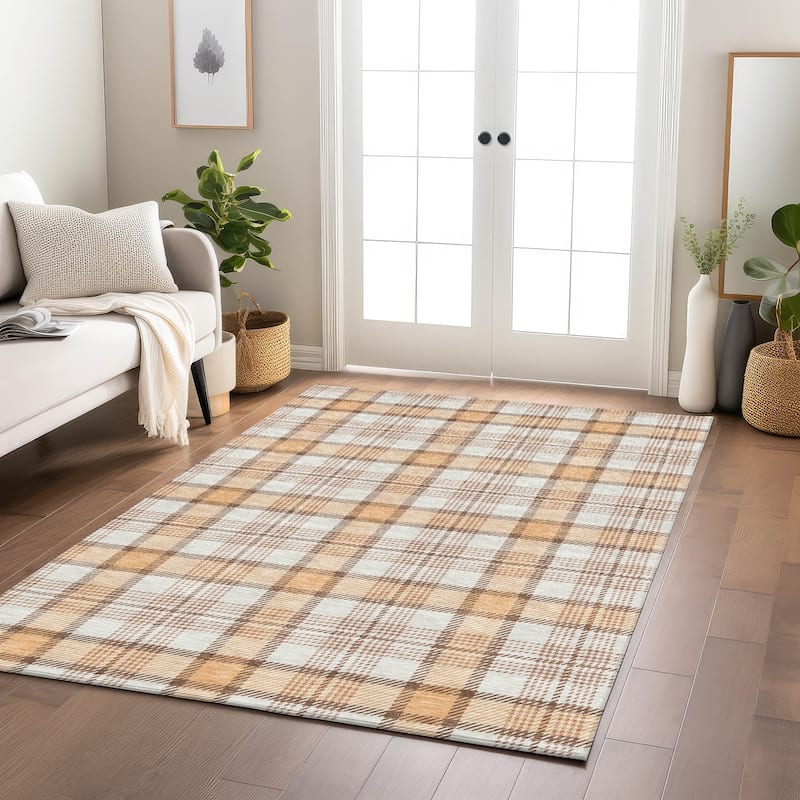 Machine Washable Indoor/ Outdoor Casual Plaid Chantille Rug