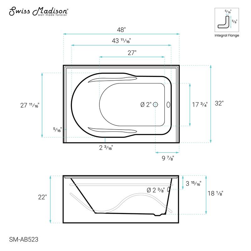 Ivy 48'' X 32" Bathtub With Apron Right Hand Drain In White - 48x32 Right