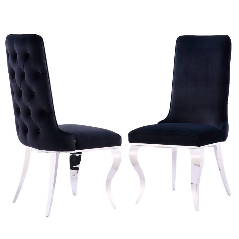 Heavy Duty Dining Chairs with Button Tufted Backrest and Polished Stainless Steel Metal Legs - Black/Silver