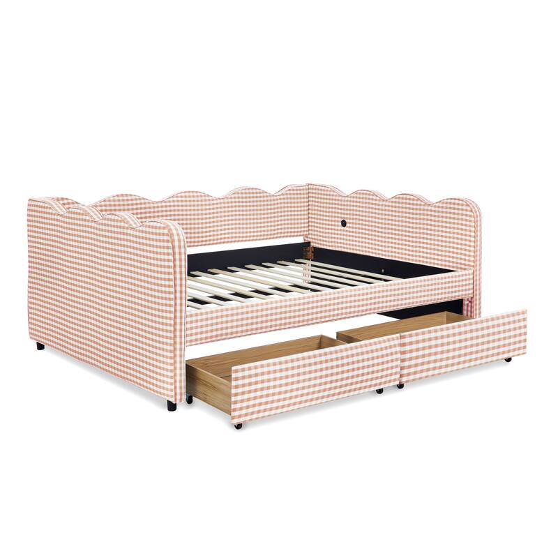 Full Size Upholstery Daybed with 2 Storage Drawers and USB Port, Linen Fabric Sofa Bed with Plaid Pattern and Wavy Silhouette