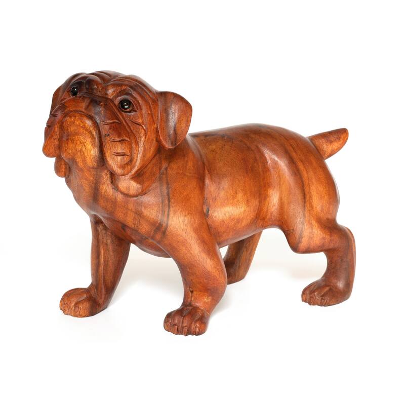 Wooden Hand Carved Walking Bulldog Statue Figurine Sculpture Art Rustic Home Decor Accent Handmade Handcrafted Wood Gift Dog