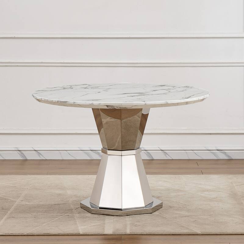 GDFStudio - Jane Series 47" Round Marble Dining Table and Stainless Steel Base for Dining Room, Kitchen - Sliver + White